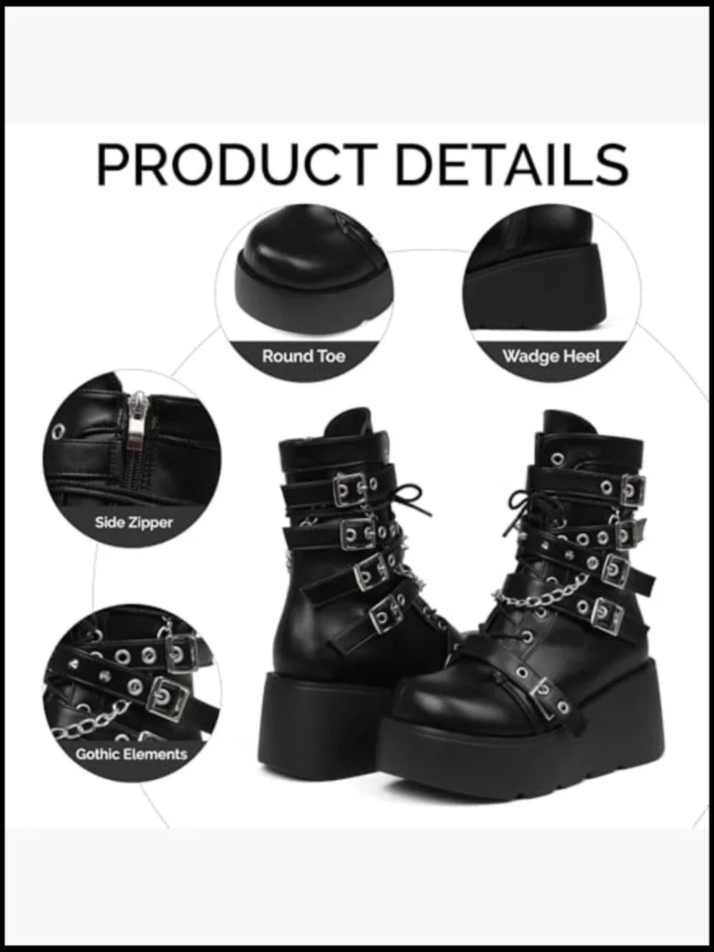 Gothic Platform Ankle Boot Side Zip Round Toe Wedge Buckle Combat Rave Chunky - Picture 5 of 7